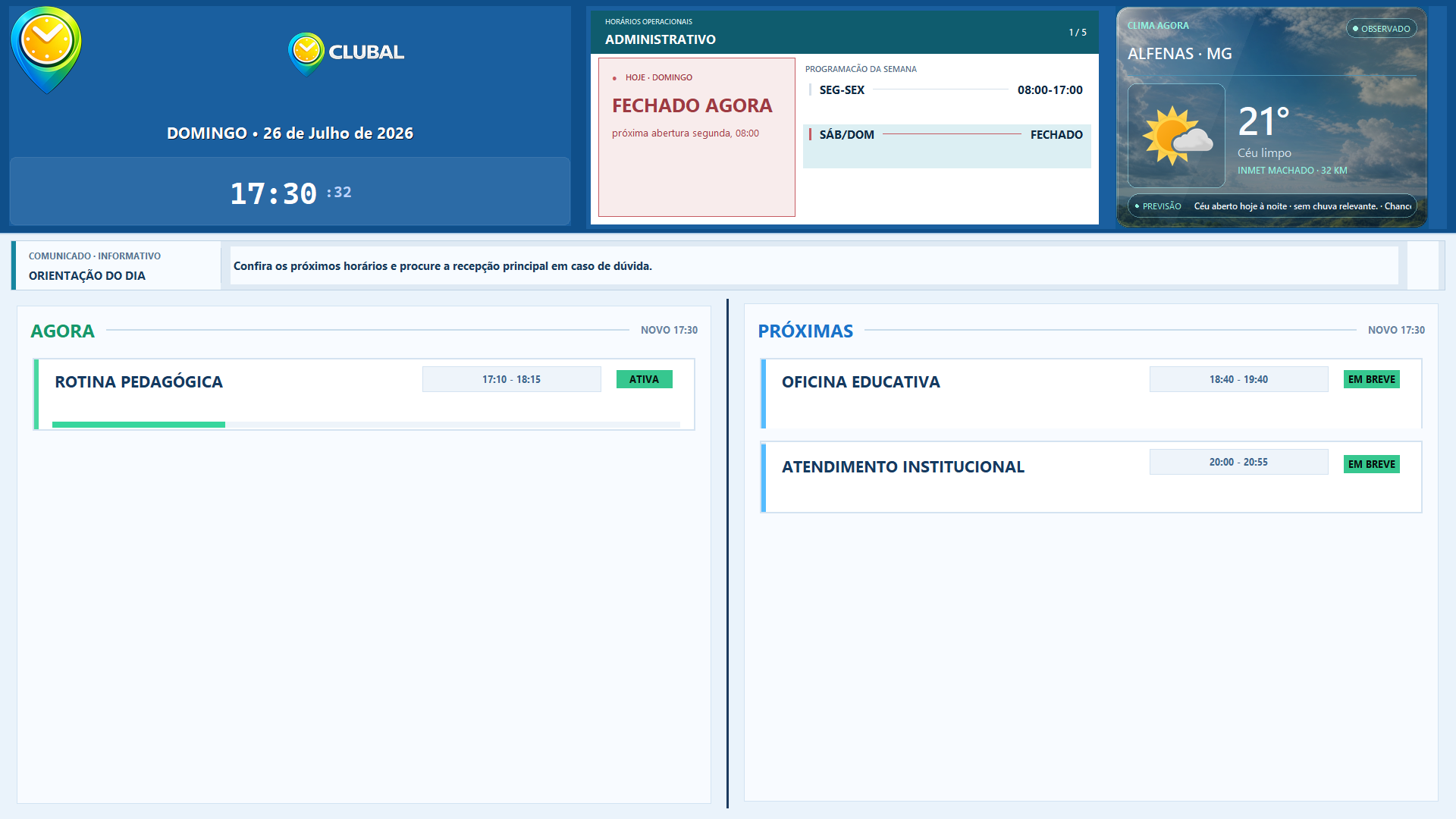 Tela atual de Rotinas com programação em andamento, próximos horários e contexto do ambiente.